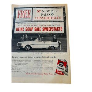 Vintage 1963 Ford Falcon Convertible Car Sweepstake Heinz Soup Ad Print